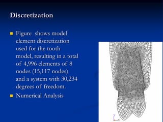 Discretization
 Figure shows model
element discretization
used for the tooth
model, resulting in a total
of 4,996 elements of 8
nodes (15,117 nodes)
and a system with 30,234
degrees of freedom.
 Numerical Analysis
 