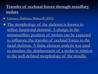Transfer of occlusal forces through maxillary
molars
 Cattaneo, Dallastra, Melsen B (2003)
 The morphology of the skeleton is known to
reflect functional demand. A change in the
intramaxillary position of molars can be expected
to influence the transfer of occlusal forces to the
facial skeleton. A finite element analysis was used
to simulate the displacement of a molar in relation
to the well-defined morphology of the maxilla.
 