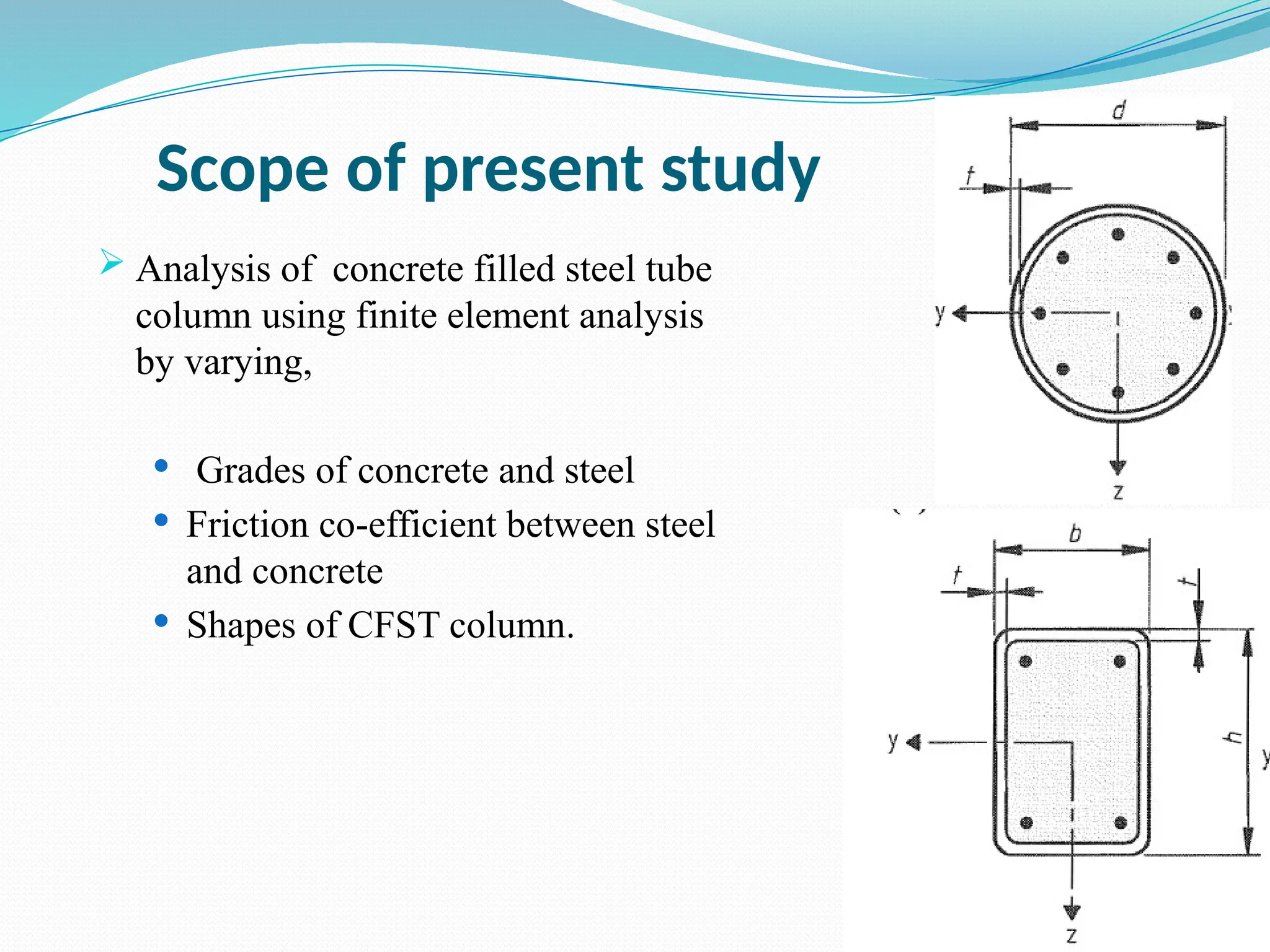 Scope of present study
 Analysis of concrete filled steel tube
column using finite element analysis
by varying,
 Grades of concrete and steel
 Friction co-efficient between steel
and concrete
 Shapes of CFST column.
 