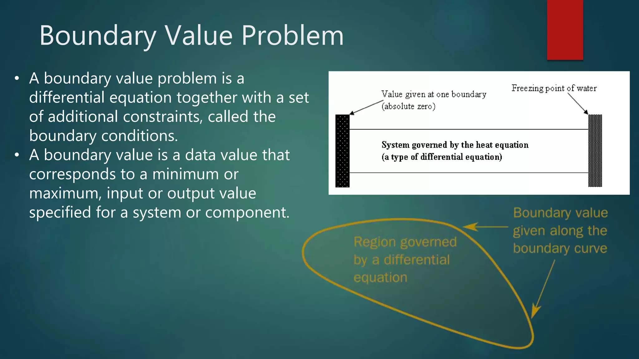 Boundary Value Problem
• A boundary value problem is a
differential equation together with a set
of additional constraints, called the
boundary conditions.
• A boundary value is a data value that
corresponds to a minimum or
maximum, input or output value
specified for a system or component.
 