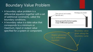 Boundary Value Problem
• A boundary value problem is a
differential equation together with a set
of additional constraints, called the
boundary conditions.
• A boundary value is a data value that
corresponds to a minimum or
maximum, input or output value
specified for a system or component.
 