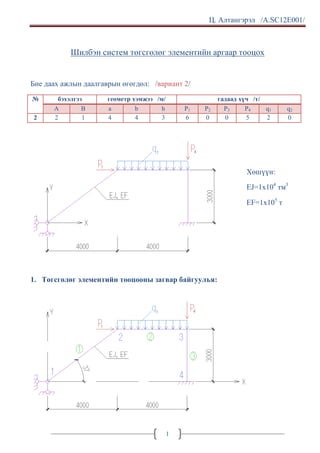 Ц. Алтангэрэл /A.SC12E001/
1
Шилбэн систем төгсгөлөг элементийн аргаар тооцох
Бие даах ажлын даалгаврын өгөгдөл: /вариант 2/
№ бэхэлгээ геометр хэмжээ /м/ гадаад хүч /т/
A B a b h P1 P2 P3 P4 q1 q2
2 2 1 4 4 3 6 0 0 5 2 0
Хөшүүн:
EJ=1x104
тм3
EF=1x105
т
1. Төгсгөлөг элементийн тооцооны загвар байгуулъя:
 