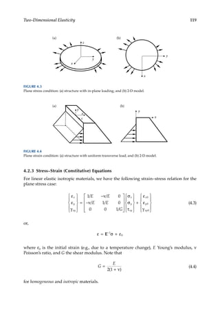 119
Two-Dimensional Elasticity
4.2.3 Stress–Strain (Constitutive) Equations
For linear elastic isotropic materials, we have the following strain–stress relation for the
plane stress case:
ε
ε
γ










=
−ν
−ν










σ
σ
τ


x
y
xy
x
y
xy
E E
E E
G
1 0
1 0
0 0 1
/ /
/ /
/









+
ε
ε
γ










x
y
xy
0
0
0
(4.3)
or,
ε = σ + ε
−
E 1
0
where ε0 is the initial strain (e.g., due to a temperature change), E Young’s modulus, ν
Poisson’s ratio, and G the shear modulus. Note that
G
E
=
+
2 1
( )
ν
(4.4)
for homogeneous and isotropic materials.
x
y
z
(a) (b)
y
x
FIGURE 4.3
Plane stress condition: (a) structure with in-plane loading; and (b) 2-D model.
x
y
z x
y
(a) (b)
FIGURE 4.4
Plane strain condition: (a) structure with uniform transverse load; and (b) 2-D model.
 