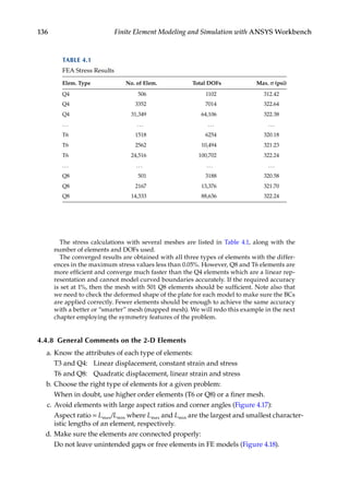 136 Finite Element Modeling and Simulation with ANSYS Workbench
The stress calculations with several meshes are listed in Table 4.1, along with the
­
number of elements and DOFs used.
The converged results are obtained with all three types of elements with the differ-
ences in the maximum stress values less than 0.05%. However, Q8 and T6 elements are
more efficient and converge much faster than the Q4 elements which are a linear rep-
resentation and cannot model curved boundaries accurately. If the required accuracy
is set at 1%, then the mesh with 501 Q8 elements should be sufficient. Note also that
we need to check the deformed shape of the plate for each model to make sure the BCs
are applied correctly. Fewer elements should be enough to achieve the same accuracy
with a better or “smarter” mesh (mapped mesh). We will redo this example in the next
chapter employing the symmetry features of the problem.
4.4.8 General Comments on the 2-D Elements
a. Know the attributes of each type of elements:
		 T3 and Q4: Linear displacement, constant strain and stress
		 T6 and Q8: Quadratic displacement, linear strain and stress
b. Choose the right type of elements for a given problem:
		 When in doubt, use higher order elements (T6 or Q8) or a finer mesh.
c. Avoid elements with large aspect ratios and corner angles (Figure 4.17):
		 Aspect ratio = Lmax/Lmin where Lmax and Lmin are the largest and smallest character-
istic lengths of an element, respectively.
d. Make sure the elements are connected properly:
		 Do not leave unintended gaps or free elements in FE models (Figure 4.18).
TABLE 4.1
FEA Stress Results
Elem. Type No. of Elem. Total DOFs Max. σ (psi)
Q4 506 1102 312.42
Q4 3352 7014 322.64
Q4 31,349 64,106 322.38
... ... ... ...
T6 1518 6254 320.18
T6 2562 10,494 321.23
T6 24,516 100,702 322.24
... ... ... ...
Q8 501 3188 320.58
Q8 2167 13,376 321.70
Q8 14,333 88,636 322.24
 