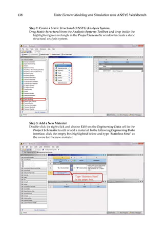 138 Finite Element Modeling and Simulation with ANSYS Workbench
Step 2: Create a Static Structural (ANSYS) Analysis System
Drag Static Structural from the Analysis Systems Toolbox and drop inside the
highlighted green rectangle in the Project Schematic window to create a static
structural analysis system.
Step 3: Add a New Material
Double-click (or right-click and choose Edit) on the Engineering Data cell in the
Project Schematic to edit or add a material. In the following Engineering Data
interface, click the empty box highlighted below and type ‘Stainless Steel’ as
the name for the new material.
 