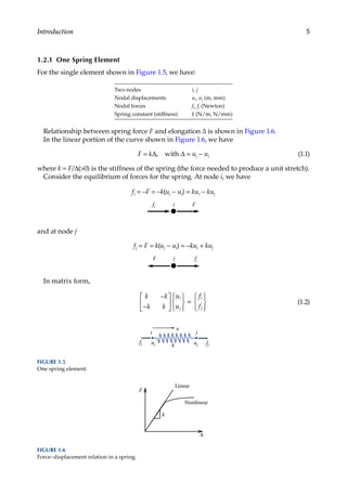 5
Introduction
1.2.1 One Spring Element
For the single element shown in Figure 1.5, we have:
Two nodes i, j
Nodal displacements ui, uj (m, mm)
Nodal forces fi, fj (Newton)
Spring constant (stiffness) k (N/m, N/mm)
Relationship between spring force F and elongation Δ is shown in Figure 1.6.
In the linear portion of the curve shown in Figure 1.6, we have
F = kΔ, with Δ = uj − ui (1.1)
where k = F/Δ(>0) is the stiffness of the spring (the force needed to produce a unit stretch).
Consider the equilibrium of forces for the spring. At node i, we have
fi = −F = −k(uj − ui) = kui − kuj
fi i F
and at node j
fj = F = k(uj − ui) = −kui + kuj
F j fj
In matrix form,
k k
k k
u
u
f
f
i
j
i
j
−
−













=







(1.2)
F
Nonlinear
∆
Linear
k
FIGURE 1.6
Force–displacement relation in a spring.
k
i j
uj
ui
fi fj
x
FIGURE 1.5
One spring element.
 