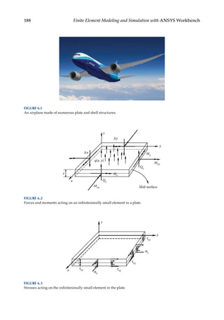 188 Finite Element Modeling and Simulation with ANSYS Workbench
Mxy
Mx
Qx
Mxy
My
Qy
x
y
z
Mid-surface
q(x, y)
t
∆x
∆y
FIGURE 6.2
Forces and moments acting on an infinitesimally small element in a plate.
σx
τxz
x
y
z
τxy
σy
τxy
τyz
FIGURE 6.3
Stresses acting on the infinitesimally small element in the plate.
FIGURE 6.1
An airplane made of numerous plate and shell structures.
 