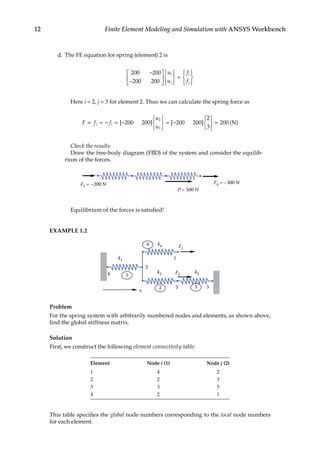 12 Finite Element Modeling and Simulation with ANSYS Workbench
d. The FE equation for spring (element) 2 is
200 200
200 200
−
−
















=










u
u
f
f
i
j
i
j
		  Here i = 2, j = 3 for element 2. Thus we can calculate the spring force as
F f f
u
u
j i
= = − = −







= −







=
[ ] [ ]
200 200 200 200
2
3
200
2
3
(N)
		  Check the results:
		  Draw the free-body diagram (FBD) of the system and consider the equilib-
rium of the forces.
P = 500 N
F4 = –300 N
F1 = –200 N
		  Equilibrium of the forces is satisfied!
EXAMPLE 1.2
k1
x
k2
4
2
3
k3
5
F2
F1
k4
1
1
2 3
4
Problem
For the spring system with arbitrarily numbered nodes and elements, as shown above,
find the global stiffness matrix.
Solution
First, we construct the following element connectivity table:
Element Node i (1) Node j (2)
1 4 2
2 2 3
3 3 5
4 2 1
This table specifies the global node numbers corresponding to the local node numbers
for each element.
 
