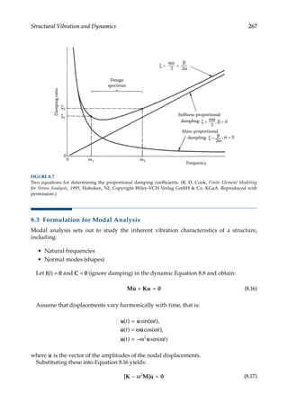 267
Structural Vibration and Dynamics
8.3 Formulation for Modal Analysis
Modal analysis sets out to study the inherent vibration characteristics of a structure,
including:
• Natural frequencies
• Normal modes (shapes)
Let f(t) = 0 and C = 0 (ignore damping) in the dynamic Equation 8.8 and obtain:
Mu Ku 0
 + = (8.16)
Assume that displacements vary harmonically with time, that is:
u u
u u
u u
( ) sin( ),
( ) cos( ),
( ) sin( )
t t
t t
t t
= ω
= ω ω
= −ω ω

 2
where u is the vector of the amplitudes of the nodal displacements.
Substituting these into Equation 8.16 yields:
[ ]
K M u 0
− ω =
2
(8.17)
Design
spectrum
Frequency
0
0
Damping
ratio
Stiffness-proportional
dampling:
Mass-proportional
dampling:
αω
αω
2ω
, β = 0
, α = 0
2
2
+
ξ2
ξ =
ξ =
ξ =
ξ1
ω1 ω2
β
2ω
β
FIGURE 8.7
Two equations for determining the proportional damping coefficients. (R. D. Cook, Finite Element Modeling
for Stress Analysis, 1995, Hoboken, NJ, Copyright Wiley-VCH Verlag GmbH  Co. KGaA. Reproduced with
permission.)
 