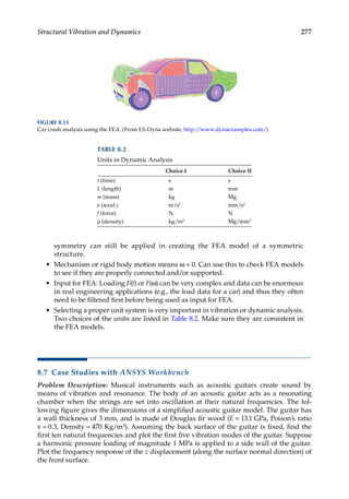 277
Structural Vibration and Dynamics
symmetry can still be applied in creating the FEA model of a symmetric
structure.
• Mechanism or rigid body motion means ω = 0. Can use this to check FEA models
to see if they are properly connected and/or supported.
• Input for FEA: Loading F(t) or F(ω) can be very complex and data can be enormous
in real engineering applications (e.g., the load data for a car) and thus they often
need to be filtered first before being used as input for FEA.
• Selecting a proper unit system is very important in vibration or dynamic analysis.
Two choices of the units are listed in Table 8.2. Make sure they are consistent in
the FEA models.
8.7 Case Studies with ANSYS Workbench
Problem Description: Musical instruments such as acoustic guitars create sound by
means of vibration and resonance. The body of an acoustic guitar acts as a resonating
chamber when the strings are set into oscillation at their natural frequencies. The fol-
lowing figure gives the dimensions of a simplified acoustic guitar model. The guitar has
a wall thickness of 3 mm, and is made of Douglas fir wood (E = 13.1 GPa, Poison’s ratio
ν = 0.3, Density = 470 Kg/m3). Assuming the back surface of the guitar is fixed, find the
first ten natural frequencies and plot the first five vibration modes of the guitar. Suppose
a harmonic pressure loading of magnitude 1 MPa is applied to a side wall of the guitar.
Plot the frequency response of the z displacement (along the surface normal direction) of
the front surface.
FIGURE 8.13
Car crash analysis using the FEA. (From LS-Dyna website, http://www.dynaexamples.com/)
TABLE 8.2
Units in Dynamic Analysis
Choice I Choice II
t (time) s s
L (length) m mm
m (mass) kg Mg
a (accel.) m/s2 mm/s2
f (force) N N
ρ (density) kg/m3 Mg/mm3
 