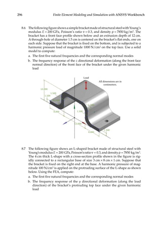 296 Finite Element Modeling and Simulation with ANSYS Workbench
8.6 ThefollowingfigureshowsasimplebracketmadeofstructuralsteelwithYoung’s
modulus E = 200 GPa, Poisson’s ratio ν = 0.3, and density ρ = 7850 kg/m3. The
bracket has a front face profile shown below and an extrusion depth of 12 cm.
A through-hole of diameter 1.5 cm is centered on the bracket’s flat ends, one on
each side. Suppose that the bracket is fixed on the bottom, and is subjected to a
harmonic pressure load of magnitude 1000 N/cm2 on the top face. Use a solid
model to compute:
a. The first five natural frequencies and the corresponding normal modes
b. The frequency response of the z directional deformation (along the front face
normal direction) of the front face of the bracket under the given harmonic
load
All dimensions are in
centimeters.
Load
10.000
1.500
1.500
1.500
1.500
R3.000
8.000
8.000
12.000
1.500
8.7 The following figure shows an L-shaped bracket made of structural steel with
Young’smodulusE = 200 GPa,Poisson’sratioν = 0.3,anddensityρ = 7850 kg/m3.
The 4 cm thick L-shape with a cross-section profile shown in the figure is rig-
idly connected to a rectangular base of size 3 cm × 8 cm × 1 cm. Suppose that
the bracket is fixed on the right end at the base. A harmonic pressure of mag-
nitude 100 N/cm2 is applied on the protruding surface of the L-shape as shown
below. Using the FEA, compute:
a. The first five natural frequencies and the corresponding normal modes
b. The frequency response of the y directional deformation (along the load
direction) of the bracket’s protruding top face under the given harmonic
load
 