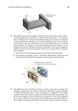 297
Structural Vibration and Dynamics
All dimensions are in
centimeters.
Load
1.000
R1.000
3.000
8.000
1.000
8.8 The following two-bar assembly consists of four components made of struc-
tural steel with Young’s modulus E = 200 GPa, Poisson’s ratio ν = 0.3, and den-
sity ρ = 7850 kg/m3. As shown in the figure below, the two bars are identical
in size. Each bar has a diameter of 2 cm and a length of 16 cm. The two identi-
cal end blocks each has a thickness of 2 cm and a fillet radius of 1 cm at the
round corners. The distance of the gap in between the two blocks is 8 cm.
Suppose that the two blocks are fixed on the bottom. The bars are applied a
harmonic pressure load of magnitude 100 N/cm2 as shown below. Using the
FEA, compute:
a. The first five natural frequencies and normal modes of the assembly
b. The frequency response of the x directional deformation (along the load
direction) of the cylindrical bar surface under the given harmonic load
All dimensions are in centimeters.
Use bonded contact for all contact regions.
Load
Load
5.000
2.000
R1.000
10.000
6.000
8.9 The following clevis assembly consists of a yoke, a pin, and a u-shape. The
assembly components are made of structural steel with Young’s modulus
E = 200 GPa, Poisson’s ratio ν = 0.3, and density ρ = 7850 kg/m3. The profile
sketches of the yoke and the u-shape are shown below. Both components have
an extrusion depth of 5 cm. The pin has a diameter of 2 cm and a length of
16 cm, and is centered 2.5 cm away from both the front and the side faces of
the u-shape. Assume that the yoke is fixed on the left end, and the u-shape is
 