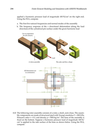 298 Finite Element Modeling and Simulation with ANSYS Workbench
applied a harmonic pressure load of magnitude 100 N/cm2 on the right end.
Using the FEA, compute:
a. The first five natural frequencies and normal modes of the assembly
b. The frequency response of the x directional deformation (along the load
direction) of the cylindrical pin surface under the given harmonic load
Use no separation
for all contacts.
Load
A clevis assembly The yoke and the u-shape
All dimensions are
in centimeters.
12.000
2.000
1.500
R1.500
16.000 3.000 8.000
D2.000 2.500
2.500
2.000
R1.500 2.000
1.500
3.000
8.10 The following rotor assembly consists of a rotor, a shaft, and a base. The assem-
bly components are made of structural steel with Young’s modulus E = 200 GPa,
Poisson’s ratio ν = 0.3, and density ρ = 7850 kg/m3. The base of the assembly is
fixed on the bottom. Suppose a harmonic pressure load of magnitude 100 N/
cm2 is applied to the side surface of the base as shown below. Using the FEA,
compute:
 
