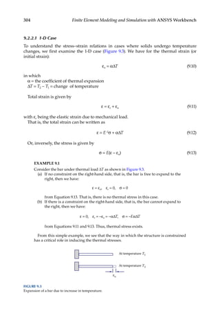 304 Finite Element Modeling and Simulation with ANSYS Workbench
9.2.2.1 1-D Case
To understand the stress–strain relations in cases where solids undergo temperature
changes, we first examine the 1-D case (Figure 9.3). We have for the thermal strain (or
initial strain):
εo = αΔT (9.10)
in which
α = the coefficient of thermal expansion
ΔT = T2 − T1 = change of temperature
Total strain is given by
ε = εe + εo (9.11)
with εe being the elastic strain due to mechanical load.
That is, the total strain can be written as
ε = E−1σ + αΔT (9.12)
Or, inversely, the stress is given by
σ = E(ε – εo) (9.13)
EXAMPLE 9.1
Consider the bar under thermal load ΔT as shown in Figure 9.3.
(a) If no constraint on the right-hand side, that is, the bar is free to expand to the
right, then we have:
ε = εo, εe = 0, σ = 0
from Equation 9.13. That is, there is no thermal stress in this case.
(b) If there is a constraint on the right-hand side, that is, the bar cannot expand to
the right, then we have:
ε = 0, εe = −εo = −αΔT, σ = −EαΔT
from Equations 9.11 and 9.13. Thus, thermal stress exists.
From this simple example, we see that the way in which the structure is constrained
has a critical role in inducing the thermal stresses.
At temperature T1
At temperature T2
εo
FIGURE 9.3
Expansion of a bar due to increase in temperature.
 