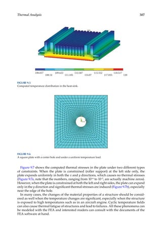 307
Thermal Analysis
Figure 9.7 shows the computed thermal stresses in the plate under two different types
of constraints. When the plate is constrained (roller support) at the left side only, the
plate expands uniformly in both the x and y directions, which causes no thermal stresses
(Figure 9.7a, note that the numbers, ranging from 10−6 to 10−3, are actually machine zeros).
However, when the plate is constrained at both the left and right sides, the plate can expand
only in the y direction and significant thermal stresses are induced (Figure 9.7b), especially
near the edge of the hole.
In many cases, the changes of the material properties of a structure should be consid-
ered as well when the temperature changes are significant, especially when the structure
is exposed to high temperatures such as in an aircraft engine. Cyclic temperature fields
can also cause thermal fatigue of structures and lead to failures. All these phenomena can
be modeled with the FEA and interested readers can consult with the documents of the
FEA software at hand.
106.657
108.14
109.622
111.105
112.587
114.07
115.552
117.035
118.517
120
MN
FIGURE 9.5
Computed temperature distribution in the heat-sink.
FIGURE 9.6
A square plate with a center hole and under a uniform temperature load.
 