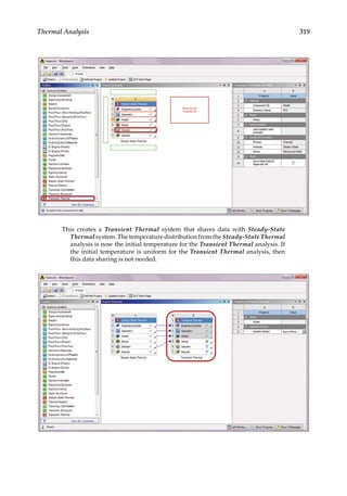319
Thermal Analysis
This creates a Transient Thermal system that shares data with Steady-State
Thermal system. The temperature distribution from the Steady-State Thermal
analysis is now the initial temperature for the Transient Thermal analysis. If
the initial temperature is uniform for the Transient Thermal analysis, then
this data sharing is not needed.
 