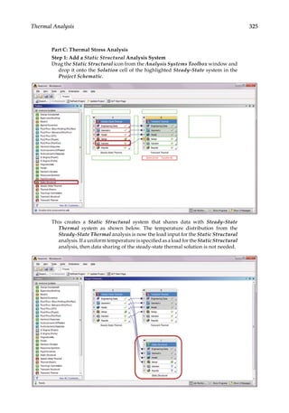 325
Thermal Analysis
Part C: Thermal Stress Analysis
Step 1: Add a Static Structural Analysis System
Drag the Static Structural icon from the Analysis Systems Toolbox window and
drop it onto the Solution cell of the highlighted Steady-State system in the
Project Schematic.
This creates a Static Structural system that shares data with Steady-State
Thermal system as shown below. The temperature distribution from the
Steady-State Thermal analysis is now the load input for the Static Structural
analysis. If a uniform temperature is specified as a load for the Static Structural
analysis, then data sharing of the steady-state thermal solution is not needed.
 
