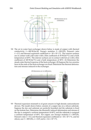 334 Finite Element Modeling and Simulation with ANSYS Workbench
All dimensions are in
centimeters.
0.500 2.000
1.500
R10.000
8.000
R1.250
10.000
2.000
1.000
R6.000
R1.500
9.8 The air to water heat exchanger shown below is made of copper with thermal
conductivity k = 400 W/(m K), Young’s modulus E = 100 GPa, Poisson’s ratio
ν = 0.3, and thermal expansion coefficient α = 18 × 10−6/°C. The exterior surfaces
are in contact with cold water with a film coefficient of 30 W/(m2°C) and a bulk
temperature of 20°C. The interior surfaces are in contact with hot air with a film
coefficient of 100 W/(m2°C) and a bulk temperature of 80°C. (1) Determine the
steady-state thermal response of the heat exchanger. (2) Suppose the two annulus
faces at the ends of the heat exchanger are fixed. Determine the thermal deforma-
tion and stresses induced in the exchanger.
All dimensions are in millimeters.
R10.000
20.000
R10.000
40.000 20.000
R5.000
R3.000
10.000
9.9 Thermal expansion mismatch is of great concern in high-density semiconductor
devices. The model shown below consists of a copper dye on a silicon substrate.
Suppose the dye and substrate are perfectly bounded and the substrate is fixed
on the bottom face. Determine the thermally induced deformation and stresses if
the dye is assigned a uniform temperature of 60°C and the substrate is assigned
a uniform temperature of 40°C. For copper, use Young’s modulus E = 100 GPa,
Poisson’s ratio ν = 0.3, and thermal expansion coefficient α = 18 × 10−6/°C, and for
silicon, use E = 200 GPa, ν = 0.27, and α = 2.6 × 10−6/°C.
 