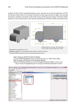 342 Finite Element Modeling and Simulation with ANSYS Workbench
analysis of the air flow passing through a truck. Assume air at room temperature of 25°C
for the flow field with an air velocity of 40 km/hr blowing from left to right. Use non-slip
boundary conditions along the walls of the truck and the ground surface. Find the airflow
pattern as well as the pressure and velocity distributions of the flow field around the truck.
R0.200
1.200
3.000
2.000
R0.400
2.400
All dimensions are in meters. The truck body
is 1.6 m wide, and each wheel is 0.2 m wide.
R0.400
0.800
1.200
R0.500
Flow field: Incompressible air at 25°C.
Boundary conditions: Air is blowing from left to right at a velocity of 40 km/h.
Nonslip boundaries along the walls of the truck and the ground surface.
Step 1: Start an ANSYS Workbench Project
Launch ANSYS Workbench and save the blank project as ‘CFD_Truck.wbpj’.
Step 2: Create a Fluid Flow (CFX) Analysis System
Drag the Fluid Flow (CFX) icon from the Analysis Systems Toolbox window and
drop it inside the highlighted green rectangle in the Project Schematic window.
 