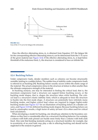 424 Finite Element Modeling and Simulation with ANSYS Workbench
Once the effective alternating stress, σe, is obtained from Equation 12.7, the fatigue life
for the corresponding effective alternating stress σe can be determined from the S–N curve
of the given material (see Figure 12.6). If the effective alternating stress, σe, is kept below
threshold of the endurance limit, Se, the structure is considered to have an infinite life.
12.4 Buckling Failure
Under compressive loads, slender members such as columns can become structurally
unstable, leading to a sudden failure. The sudden loss of stability under compressive loads
is referred to as buckling [19]. Buckling failure usually occurs within the elastic range of
the material. The actual compressive stress in the structure at failure is often smaller than
the ultimate compressive strength of the material.
In buckling analysis, one may be interested in finding the critical load, that is, the
maximum compressive load a structure can support before buckling occurs, or the
buckling mode shapes, that is, shapes the structure takes while buckling. The criti-
cal load is a structure’s elastic stability limit, which is adequate to force the structure
to buckle into the first mode shape. A structure can potentially have infinitely many
buckling modes, and higher critical load values are required to trigger higher-order
buckling modes (see Figure 12.7 for an illustration of buckling failure of a slender col-
umn, and Figure 12.8 for different buckling mode shapes). Because buckling failure can
lead to catastrophic results, a high factor of safety (at least 3) is often used for critical
load calculations.
When developing a model for buckling, one should pay attention to the boundary con-
ditions as they have a considerable effect on a structure’s buckling behavior. For example,
a column with both ends pinned can buckle more freely than a column with both ends
fixed. Also note that bending moments acting on a structural member, for example, due
to ­
eccentricity of an axial load, may play a role in affecting buckling and should not be
neglected in the analysis in general.
Cycles to
failure (Nf)
Stress
(σ
a
)
Endurance limit
Fatigue life at
σe
σe
Se
FIGURE 12.6
Use of the S–N curve for fatigue life estimation.
 