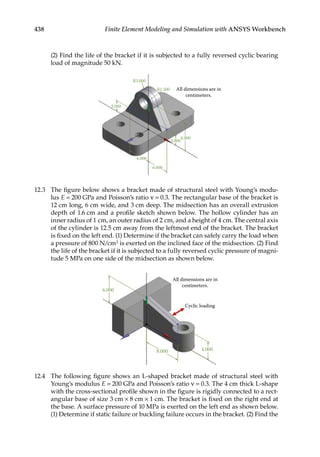 438 Finite Element Modeling and Simulation with ANSYS Workbench
(2) Find the life of the bracket if it is subjected to a fully reversed cyclic bearing
load of magnitude 50 kN.
R3.000
3.000
8.000
3.000
6.000
6.000
R1.500 All dimensions are in
centimeters.
12.3 The figure below shows a bracket made of structural steel with Young’s modu-
lus E = 200 GPa and Poisson’s ratio ν = 0.3. The rectangular base of the bracket is
12 cm long, 6 cm wide, and 3 cm deep. The midsection has an overall extrusion
depth of 1.6 cm and a profile sketch shown below. The hollow cylinder has an
inner radius of 1 cm, an outer radius of 2 cm, and a height of 4 cm. The central axis
of the cylinder is 12.5 cm away from the leftmost end of the bracket. The bracket
is fixed on the left end. (1) Determine if the bracket can safely carry the load when
a pressure of 800 N/cm2 is exerted on the inclined face of the midsection. (2) Find
the life of the bracket if it is subjected to a fully reversed cyclic pressure of magni-
tude 5 MPa on one side of the midsection as shown below.
All dimensions are in
centimeters.
Cyclic loading
4.000
8.000
6.000
12.4 The following figure shows an L-shaped bracket made of structural steel with
Young’s modulus E = 200 GPa and Poisson’s ratio ν = 0.3. The 4 cm thick L-shape
with the cross-sectional profile shown in the figure is rigidly connected to a rect-
angular base of size 3 cm × 8 cm × 1 cm. The bracket is fixed on the right end at
the base. A surface pressure of 10 MPa is exerted on the left end as shown below.
(1) Determine if static failure or buckling failure occurs in the bracket. (2) Find the
 