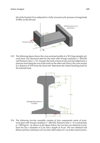 439
Failure Analysis
life of the bracket if it is subjected to a fully reversed cyclic pressure of magnitude
10 MPa on the left end.
Pressure loading
1.000
R1.000
3.000
8.000
1.000
All dimensions are in
centimeters.
12.5 The following figure shows the cross-sectional profile of a 39 ft long straight rail-
road track. Use structural steel for the track with Young’s modulus E = 200 GPa
and Poisson’s ratio ν = 0.3. Assume the track is fixed on one end and subjected to a
pressure load along the axis of the track on the other end, that is, the cross section
at a distance of 39 ft from the fixed end. Determine the critical buckling load for
the railroad track.
1.375
All length dimensions are
in inches.
R0.500
1.125
105.00°
R0.500
0.375
R0.500
105.00°
2.250
0.375
6.000
12.6 The following two-bar assembly consists of four components made of struc-
tural steel with Young’s modulus E = 200 GPa, Poisson’s ratio ν = 0.3, and density
ρ = 7850 kg/m3. As shown in the figure below, the two bars are identical in size.
Each bar has a diameter of 2 cm and a length of 16 cm. The two identical end
blocks each has a thickness of 2 cm and a fillet radius of 1 cm at the round corners.
 