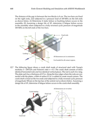 440 Finite Element Modeling and Simulation with ANSYS Workbench
The distance of the gap in between the two blocks is 8 cm. The two bars are fixed
on the right ends, and subjected to a pressure load of 100 MPa on the left ends
as shown below. (1) Determine if static failure or buckling failure occurs in the
assembly. (2) Assuming a design life of 106, determine if fatigue failure occurs
in the assembly when subjected to a fully reversed cyclic pressure of magnitude
100 MPa on the left ends of the two bars.
2.000
R1.000
Loading
10.000
6.000
5.000
Fixed ends
All dimensions are in centimeters.
Use bonded for all contact regions.
12.7 The following figure shows a crank shaft made of structural steel with Young’s
modulus E = 200 GPa and Poisson’s ratio ν = 0.3. The crank shaft consists of three
identical horizontal rods and two identical vertical pieces. The rod is each 4 in. long.
The plate each has a thickness of 0.5 in. Along the four edges where the rods are con-
nected with the plates, a fillet of radius 0.2 in. is added to create round corners. The
crank shaft is fixed on the two ends and subjected to a fully reversed cyclic pressure
of magnitude 300 psi on the top face of the central rod as shown below. Assuming a
design life of 106, determine if fatigue failure occurs in the crank shaft assembly.
Cyclic loading
Fixed end
Fixed end
All dimensions are in inches.
R1.250
D1.800
2.750
R0.800
D1.800
4.250
2.750
1.250
 