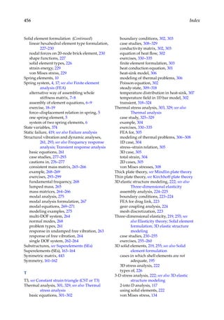 456 Index
Solid element formulation (Continued)
linear hexahedral element type formulation,
227–230
nodal forces on 20-node brick element, 230
shape functions, 227
solid element types, 226
strain energy, 229
von Mises stress, 229
Spring elements, 10
Spring system, 4, 17; see also Finite element
analysis (FEA)
alternative way of assembling whole
stiffness matrix, 7–8
assembly of element equations, 6–9
exercise, 18–19
force–displacement relation in spring, 5
one spring element, 5
system of two spring elements, 6
State variables, 374
Static failure, 419; see also Failure analysis
Structural vibration and dynamic analyses,
261, 293; see also Frequency response
analysis; Transient response analysis
basic equations, 261
case studies, 277–293
cautions in, 276–277
consistent mass matrix, 265–266
example, 268–269
exercises, 293–299
fundamental frequency, 268
lumped mass, 265
mass matrices, 264–266
modal analysis, 275
modal analysis formulation, 267
modal equations, 269–271
modeling examples, 275
multi-DOF system, 264
normal modes, 268
problem types, 261
response in undamped free vibration, 263
response of free vibration, 264
single DOF system, 262–264
Substructures, see Superelements (SEs)
Superelements (SEs), 163–164
Symmetric matrix, 443
Symmetry, 161–162
T
T3, see Constant strain triangle (CST or T3)
Thermal analysis, 301, 329; see also Thermal
stress analysis
basic equations, 301–302
boundary conditions, 302, 303
case studies, 308–329
conductivity matrix, 302, 303
equation of heat flow, 302
exercises, 330–335
finite element formulation, 303
heat conduction equation, 301
heat-sink model, 306
modeling of thermal problems, 306
Poisson equation, 302
steady-state, 309–318
temperature distribution in heat-sink, 307
temperature field in 1D bar model, 302
transient, 318–324
Thermal stress analysis, 303, 329; see also
Thermal analysis
case study, 325–329
example, 304
exercises, 330–335
FEA for, 305
modeling of thermal problems, 306–308
1D case, 304
stress–strain relation, 305
3D case, 305
total strain, 304
2D cases, 305
von Mises stresses, 308
Thick plate theory, see Mindlin plate theory
Thin plate theory, see Kirchhoff plate theory
3D elastic structure modeling, 222; see also
Three-dimensional elasticity
assembly analysis, 224–225
boundary conditions, 223–224
FEA for drag link, 223
gear coupling analysis, 224
mesh discretization, 223
Three-dimensional elasticity, 219, 255; see
also Elasticity theory; Solid element
formulation; 3D elastic structure
modeling
case studies, 230–255
exercises, 255–260
3D solid elements, 219, 255; see also Solid
element formulation
cases in which shell elements are not
adequate, 195
3D stress analysis, 222
types of, 226
3-D stress analysis, 222; see also 3D elastic
structure modeling
2-into D analysis, 117
using solid elements, 222
von Mises stress, 134
 