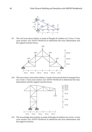 62 Finite Element Modeling and Simulation with ANSYS Workbench
X
Y
4
2
1
L/2
L
A
2A
L
2A
P
5
3
L/2
2A
5A
5A
5A
2.9 The roof truss shown below is made of Douglas fir timbers of a 5 mm × 5 mm
cross section. Use ANSYS Workbench to determine the truss deformation and
the support reaction forces.
0.2 m 0.25 m 0.25 m 0.25 m 0.25 m 0.2 m
0.2 m
0.25 m
0.25 m
1 kN
1 kN
1 kN
1 kN
1 kN
2.10 The truss tower crane shown below is made of structural steel rectangular bars
of a 3 mm × 3 mm cross section. Use ANSYS Workbench to determine the truss
deformation and the support reaction forces.
0.1 m
0.1 m
0.1 m
0.2 m
0.5 m
0.5 m
0.5 m
0.5 m 0.5 m
0.5 m
0.5 m
0.5 m
6 kN
2.11 The truss bridge shown below is made of Douglas fir timbers of a 4 mm × 4 mm
cross section. Use ANSYS Workbench to determine the truss deformation and
the support reactions.
 