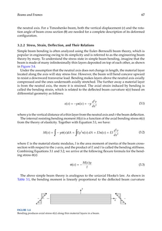 67
Beams and Frames
the neutral axis. For a Timoshenko beam, both the vertical displacement (v) and the rota-
tion angle of beam cross section (θ) are needed for a complete description of its deformed
configuration.
3.2.2 Stress, Strain, Deflection, and Their Relations
Simple beam bending is often analyzed using the Euler–Bernoulli beam theory, which is
popular in engineering owing to its simplicity and is referred to as the engineering beam
theory by many. To understand the stress state in simple beam bending, imagine that the
beam is made of many infinitesimally thin layers deposited on top of each other, as shown
in Figure 3.4.
Under the assumption that the neutral axis does not change in length, the material layer
located along the axis will stay stress free. However, the beam will bend concave upward
to resist a downward transverse load. Bending makes layers above the neutral axis axially
compressed and the ones underneath axially stretched. The further away a material layer
is from the neutral axis, the more it is strained. The axial strain induced by bending is
called the bending strain, which is related to the deflected beam curvature κ(x) based on
differential geometry as follows:
ε = − κ = −
( ) ( )
x y x y
d v
dx
2
2
(3.1)
where y is the vertical distance of a thin layer from the neutral axis and v the beam deflection.
The internal resisting bending moment M(x) is a function of the axial bending stress σ(x)
from the theory of elasticity. Together with Equation 3.1, we have:
M x y x dA Ey x dA EI x EI
d v
dx
( ) ( ) ( ) ( )
= − σ = κ = κ =
∫ ∫ 2
2
2
(3.2)
where E is the material elastic modulus, I is the area moment of inertia of the beam cross-
section with respect to the z-axis, and the product of E and I is called the bending stiffness.
Combining Equations 3.1 and 3.2, we arrive at the following flexure formula for the bend-
ing stress σ(x):
σ = −
( )
( )
x
M x y
I
(3.3)
The above simple beam theory is analogous to the uniaxial Hooke’s law. As shown in
Table 3.1, the bending moment is linearly proportional to the deflected beam curvature
y
x
FIGURE 3.4
Bending produces axial stress σ(x) along thin material layers in a beam.
 