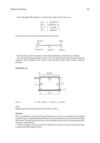 81
Beams and Frames
From the global FE equation, we obtain the nodal reaction forces as,
F
M
F
F
Y
Y
Y
1
1
2
4
69 78
69 78
116 2
3 488














=
−
− ⋅
.
.
.
.
kN
kN m
kN
kN















Checking the results: Draw free-body diagram of the beam
1 2
50 kN
3
3.488 kN
116.2 kN
69.78 kN
69.78 kN·m
Sum the forces and moments to verify that equilibrium of the beam is satisfied.
We use the following example to show how to model frames using the general beam
elements. This example can be used to verify the FEA results when using a software
package.
EXAMPLE 3.4
12 ft
X
1 2
3000 lb
E, I, A
Y
3
1
2 3
8 ft
500 lb/ft
4
Given: E I A
= × = =
30 10 6 8
6 2
psi, 65 in. in
4
, . .
Find:
Displacements and rotations of the two joints 1 and 2.
Solution
This is a problem of analyzing a frame. Members in a frame are considered to be rigidly
connected (e.g., welded together). Both forces and moments can be transmitted through
their joints. We need the general beam element (combinations of bar and simple beam ele-
ments) to model frames.
For this example, we first convert the distributed load into its equivalent nodal loads
to obtain the following FE mode.
 