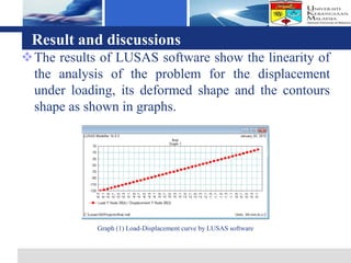 Logo
 Result and discussions
The results of LUSAS software show the linearity of
 the analysis of the problem for the displacement
 under loading, its deformed shape and the contours
 shape as shown in graphs.




            Graph (1) Load-Displacement curve by LUSAS software
 