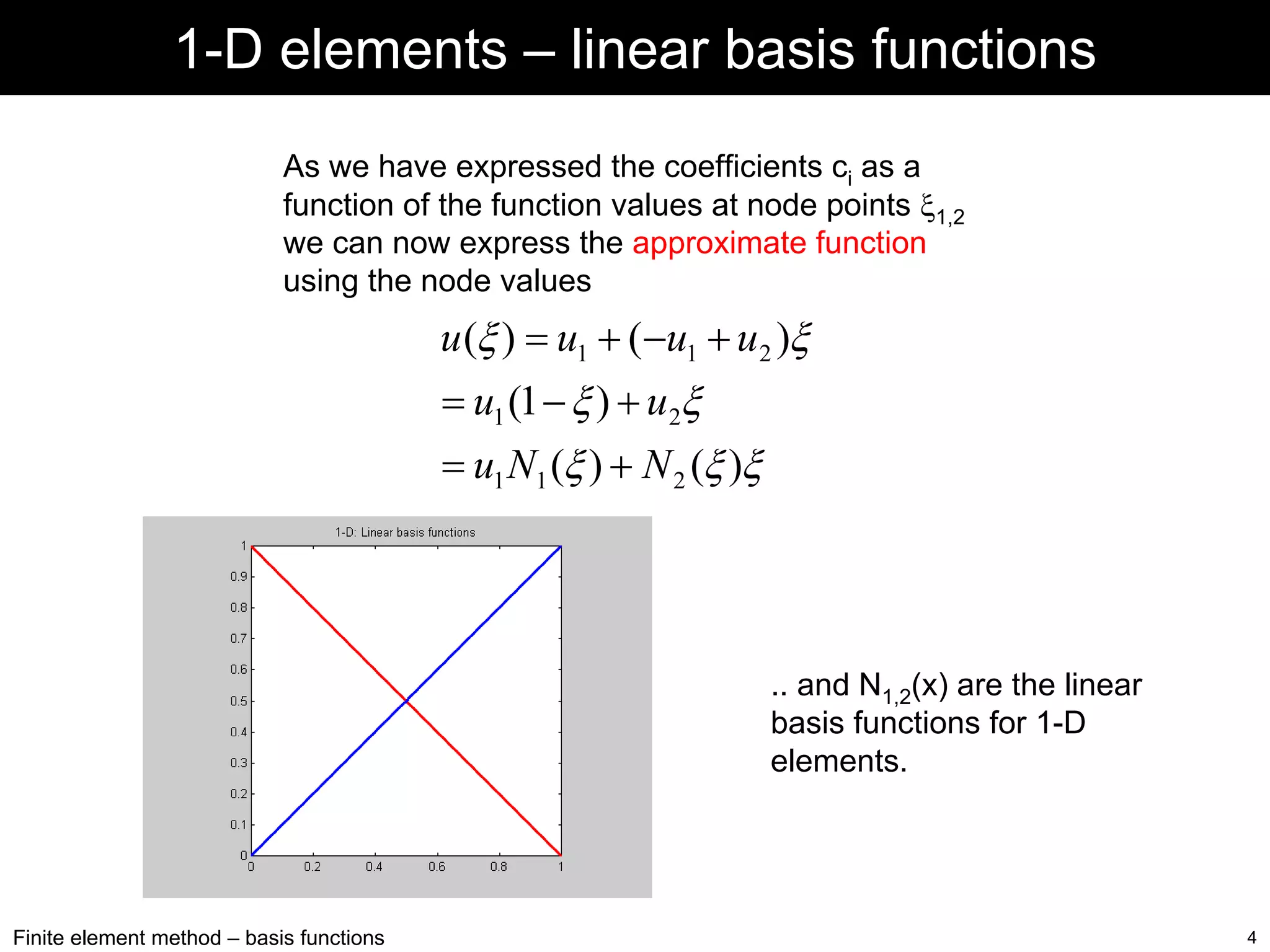 1-D elements – linear basis functions
As we have expressed the coefficients ci as a
function of the function values at node points ξ1,2
we can now express the approximate function
using the node values

u (ξ ) = u1 + (−u1 + u 2 )ξ
= u1 (1 − ξ ) + u2ξ
= u1 N1 (ξ ) + N 2 (ξ )ξ

.. and N1,2(x) are the linear
basis functions for 1-D
elements.

Finite element method – basis functions

4

 