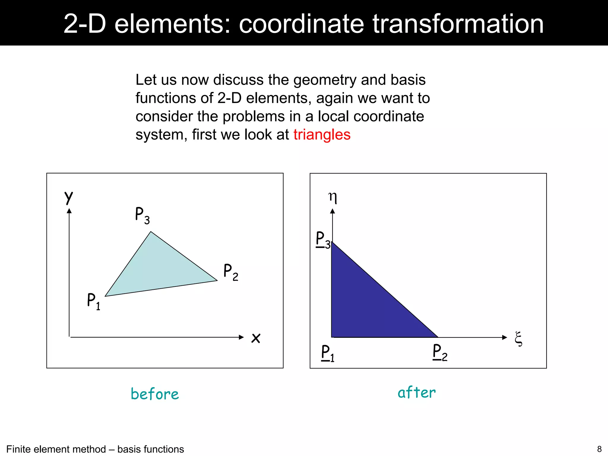 2-D elements: coordinate transformation
Let us now discuss the geometry and basis
functions of 2-D elements, again we want to
consider the problems in a local coordinate
system, first we look at triangles

y

η

P3

P3
P2

P1
x
before

Finite element method – basis functions

P1

P2

ξ

after

8

 