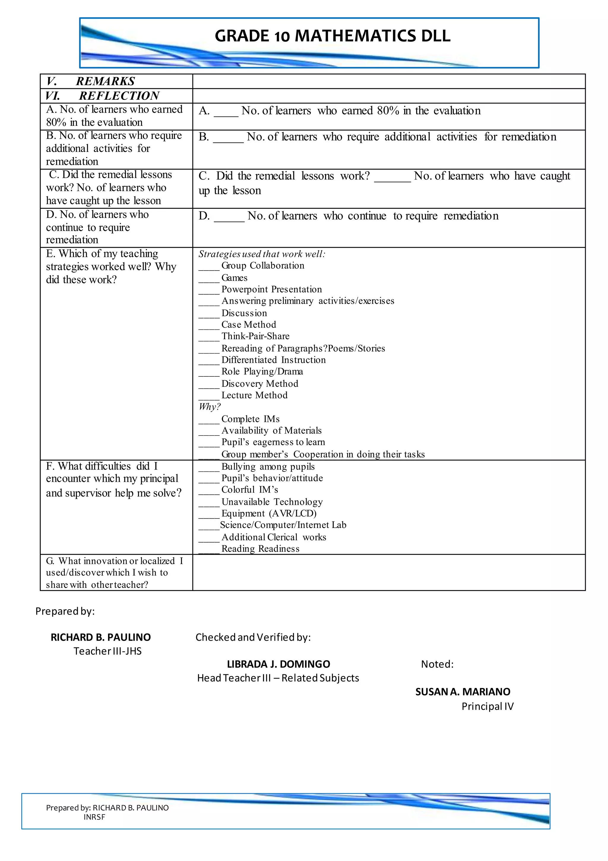 GRADE 10 MATHEMATICS DLL
Prepared by: RICHARD B. PAULINO
INRSF
V. REMARKS
VI. REFLECTION
A. No. of learners who earned
80% in the evaluation
A. ____ No. of learners who earned 80% in the evaluation
B. No. of learners who require
additional activities for
remediation
B. _____ No. of learners who require additional activities for remediation
C. Did the remedial lessons
work? No. of learners who
have caught up the lesson
C. Did the remedial lessons work? ______ No. of learners who have caught
up the lesson
D. No. of learners who
continue to require
remediation
D. _____ No. of learners who continue to require remediation
E. Which of my teaching
strategies worked well? Why
did these work?
Strategiesused that work well:
____ Group Collaboration
____ Games
____ Powerpoint Presentation
____ Answering preliminary activities/exercises
____ Discussion
____ Case Method
____ Think-Pair-Share
____ Rereading of Paragraphs?Poems/Stories
____ Differentiated Instruction
____ Role Playing/Drama
____ Discovery Method
____ Lecture Method
Why?
____ Complete IMs
____ Availability of Materials
____ Pupil’s eagerness to learn
____ Group member’s Cooperation in doing their tasks
F. What difficulties did I
encounter which my principal
and supervisor help me solve?
____ Bullying among pupils
____ Pupil’s behavior/attitude
____ Colorful IM’s
____ Unavailable Technology
____ Equipment (AVR/LCD)
____Science/Computer/Internet Lab
____ Additional Clerical works
____ Reading Readiness
G. What innovation or localized I
used/discoverwhich I wish to
share with otherteacher?
Preparedby:
RICHARD B. PAULINO CheckedandVerifiedby:
TeacherIII-JHS
LIBRADA J. DOMINGO Noted:
HeadTeacherIII – RelatedSubjects
SUSANA. MARIANO
Principal IV
 
