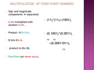  Sign and magnitude
components  separated
 b bit multiplied with
Another b bit .
 Product 2b bits.
 B bitsbi+bf
 product b=2bi+2bf
 Overflow can never occur.
 (11)2*(11)2=(1001)2
 (0.1001)2*(0.0011)2
4-bits 4 bits
=(0.00011011)2
8 bits
 