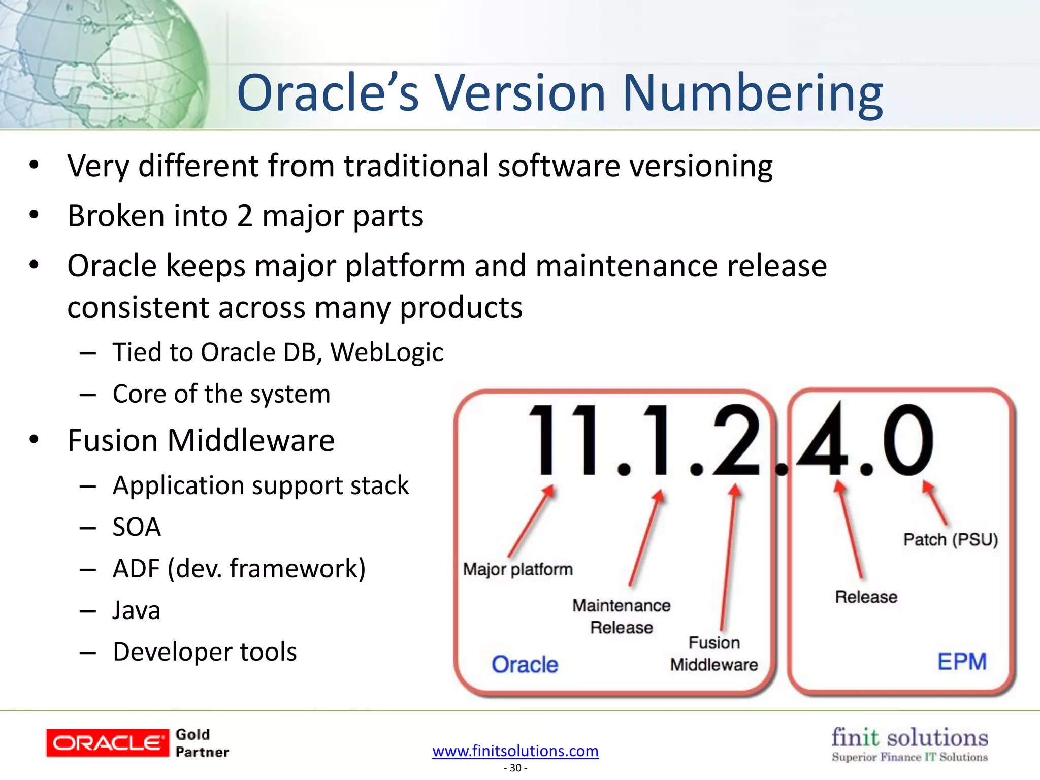 www.finitsolutions.com
- 30 -
• Very different from traditional software versioning
• Broken into 2 major parts
• Oracle keeps major platform and maintenance release
consistent across many products
– Tied to Oracle DB, WebLogic
– Core of the system
• Fusion Middleware
– Application support stack
– SOA
– ADF (dev. framework)
– Java
– Developer tools
Oracle’s Version Numbering
 