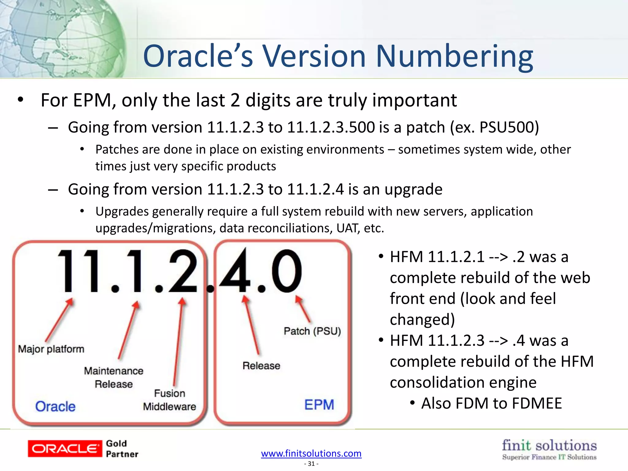 www.finitsolutions.com
- 31 -
• For EPM, only the last 2 digits are truly important
– Going from version 11.1.2.3 to 11.1.2.3.500 is a patch (ex. PSU500)
• Patches are done in place on existing environments – sometimes system wide, other
times just very specific products
– Going from version 11.1.2.3 to 11.1.2.4 is an upgrade
• Upgrades generally require a full system rebuild with new servers, application
upgrades/migrations, data reconciliations, UAT, etc.
• wef
Oracle’s Version Numbering
• HFM 11.1.2.1 --> .2 was a
complete rebuild of the web
front end (look and feel
changed)
• HFM 11.1.2.3 --> .4 was a
complete rebuild of the HFM
consolidation engine
• Also FDM to FDMEE
 