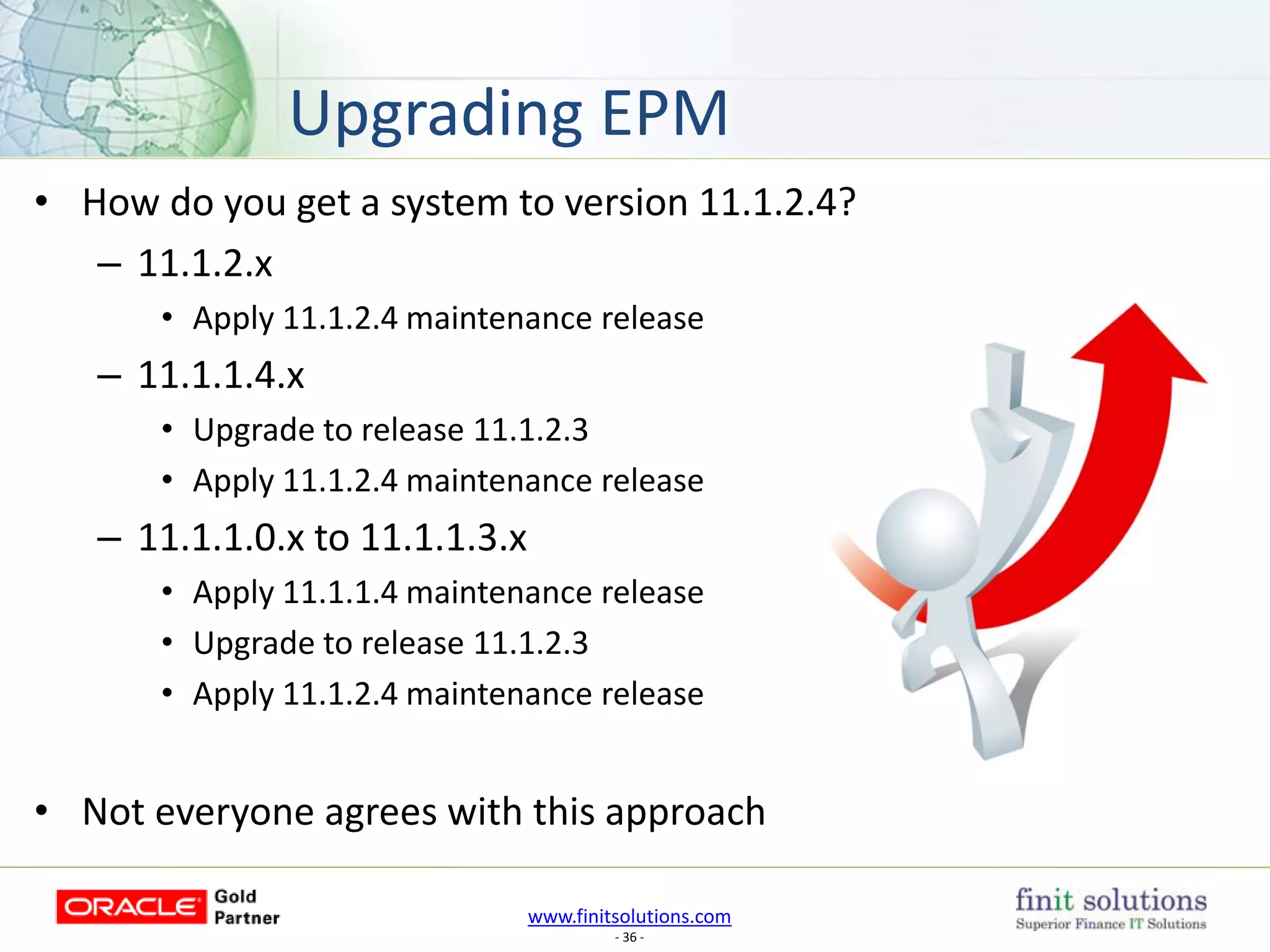 www.finitsolutions.com
- 36 -
• How do you get a system to version 11.1.2.4?
– 11.1.2.x
• Apply 11.1.2.4 maintenance release
– 11.1.1.4.x
• Upgrade to release 11.1.2.3
• Apply 11.1.2.4 maintenance release
– 11.1.1.0.x to 11.1.1.3.x
• Apply 11.1.1.4 maintenance release
• Upgrade to release 11.1.2.3
• Apply 11.1.2.4 maintenance release
• Not everyone agrees with this approach
Upgrading EPM
 