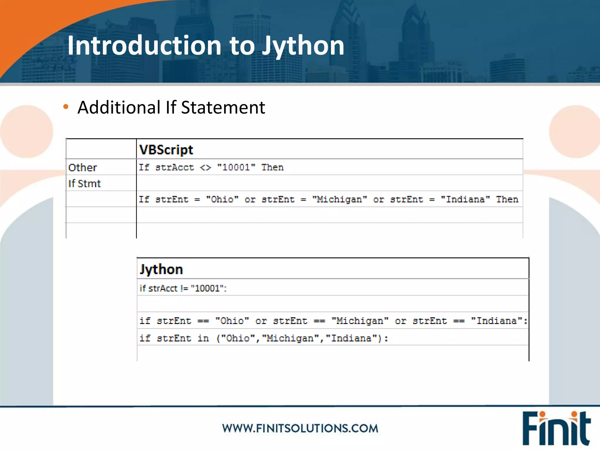 • Additional If Statement
Introduction to Jython
 