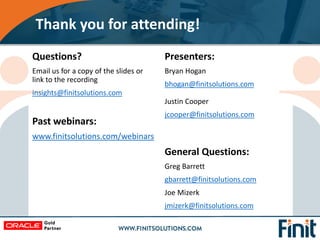 Thank you for attending!
Questions?
Email us for a copy of the slides or
link to the recording
insights@finitsolutions.com...