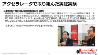 13Copyright © 2017 Knowledge Communication Co.,Ltd.All Rights Reserved.
アクセラレータで取り組んだ実証実験
[三菱東京UFJ銀行様との取組紹介記事 抜粋]
融資審査のプロセスに機械学習が活用できるかどうかの検証をアクセラレータ期間中に模索。貸
借対照表と損益計算書のDataを使い、融資対象として的確かどうかを判断する検証を行った (中
略) 阿藤上席調査役によれば、AIが高いスコアで貸せる・貸せないを返してきた案件は、人が判
断してもAIが判断しても結果が大きく変わらず、AIを活用を進める余地を感じたという。
記事URL : https://innovation.mufg.jp/mufg/663
 