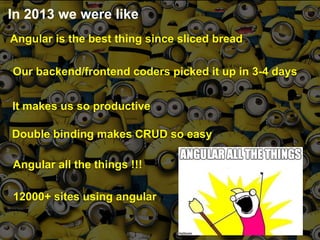 Angular is the best thing since sliced bread
Our backend/frontend coders picked it up in 3-4 days
Double binding makes CRUD so easy
It makes us so productive
12000+ sites using angular
In 2013 we were like
Angular all the things !!!
 