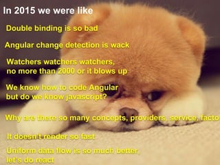 In 2015 we were like
Double binding is so bad
Angular change detection is wack
Watchers watchers watchers,
no more than 2000 or it blows up
We know how to code Angular
but do we know javascript?
Uniform data flow is so much better,
let’s do react
It doesn’t render so fast
Why are there so many concepts, providers, service, factor
 