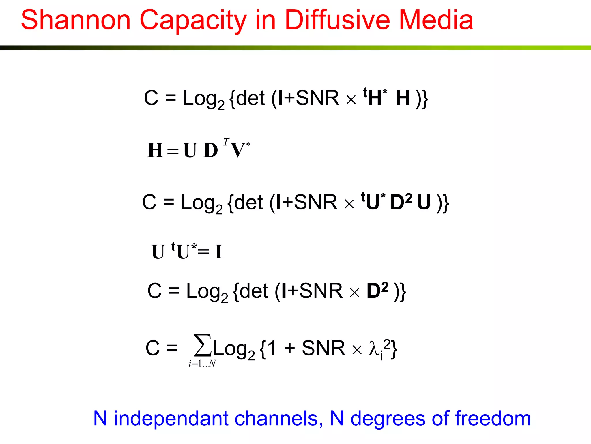 Shannon Capacity in Diffusive Media
C = Log2 {det (I+SNR × tH* H )}

H = U D V∗
T

C = Log2 {det (I+SNR × tU* D2 U )}
U t U* = I
C = Log2 {det (I+SNR × D2 )}
C=

∑Log2 {1 + SNR × λi2}

i =1.. N

N independant channels, N degrees of freedom

 