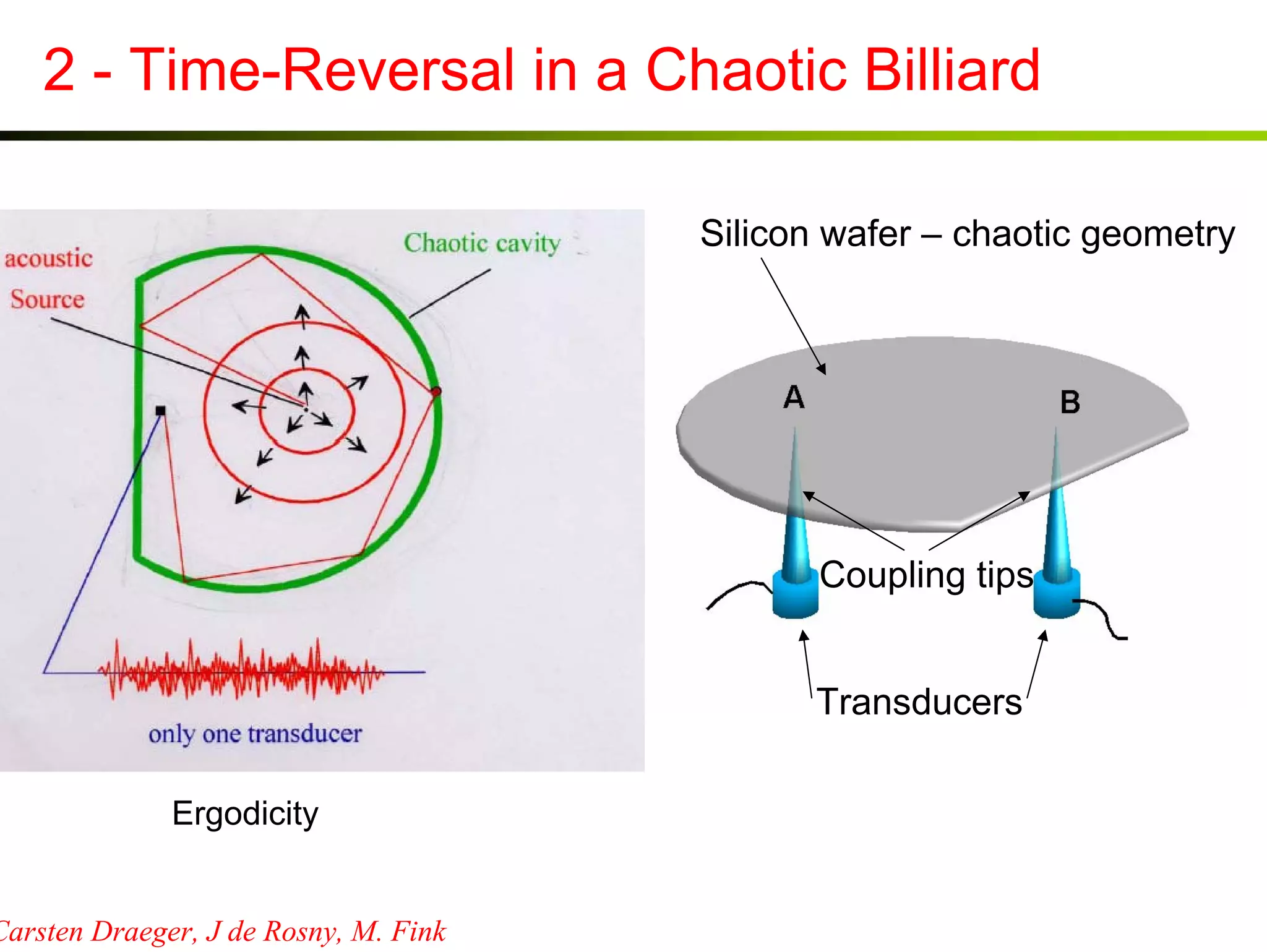 2 - Time-Reversal in a Chaotic Billiard
Silicon wafer – chaotic geometry

Coupling tips
Transducers
Ergodicity
Carsten Draeger, J de Rosny, M. Fink

 