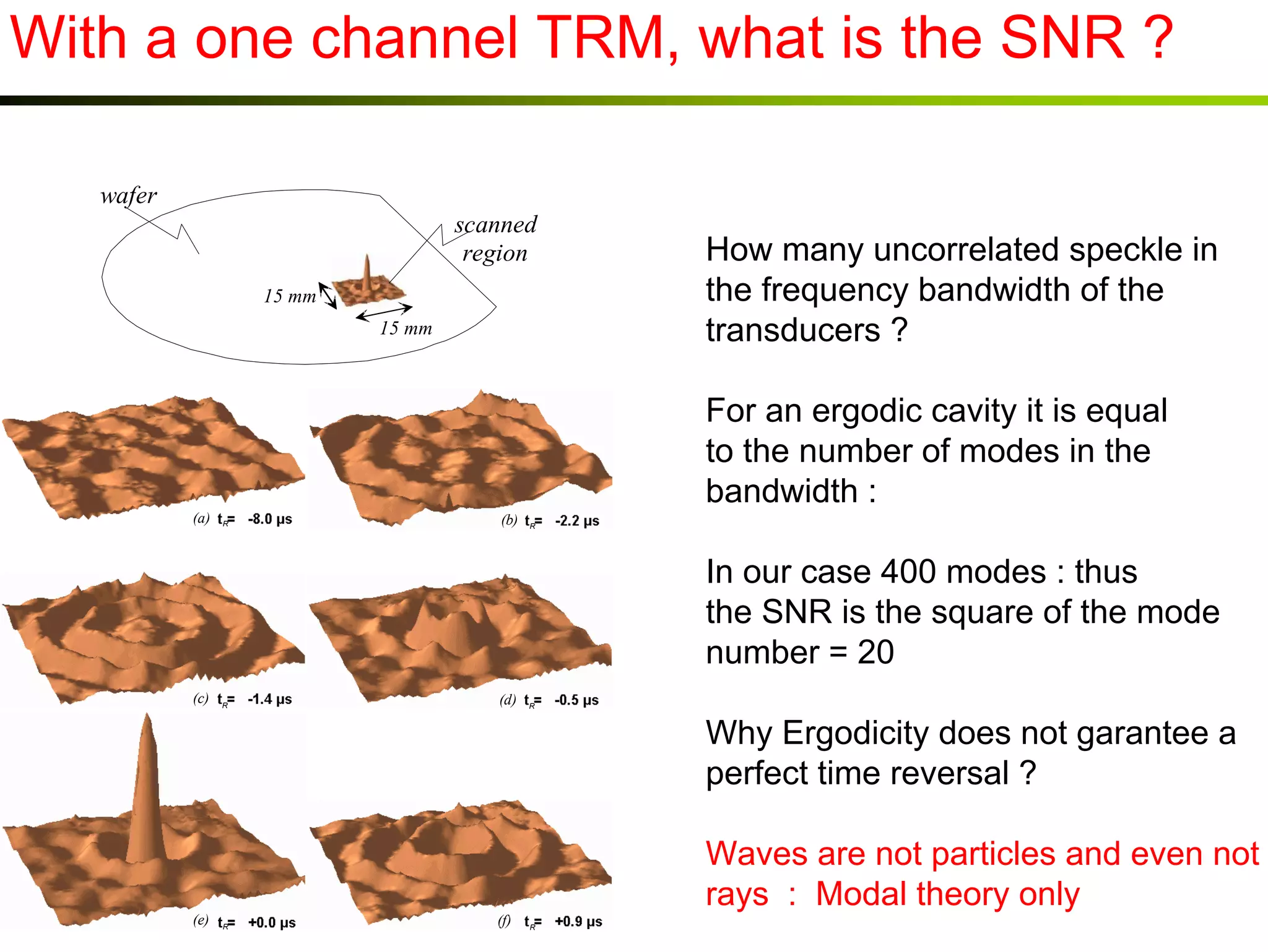 With a one channel TRM, what is the SNR ?
wafer
scanned
region
15 mm
15 mm

How many uncorrelated speckle in
the frequency bandwidth of the
transducers ?
For an ergodic cavity it is equal
to the number of modes in the
bandwidth :

(a)

R

(b)

R

In our case 400 modes : thus
the SNR is the square of the mode
number = 20
(c)

R

(d)

R

Why Ergodicity does not garantee a
perfect time reversal ?

(e)

R

(f)

Waves are not particles and even not
rays : Modal theory only
R

 
