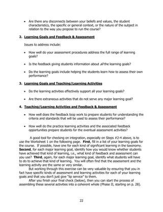 •   Are there any disconnects between your beliefs and values, the student
       characteristics, the specific or general context, or the nature of the subject in
       relation to the way you propose to run the course?

2. Learning Goals and Feedback & Assessment

   Issues to address include:

   •   How well do your assessment procedures address the full range of learning
       goals?

   •   Is the feedback giving students information about all the learning goals?

   •   Do the learning goals include helping the students learn how to assess their own
       performance?

3. Learning Goals and Teaching/Learning Activities

   •   Do the learning activities effectively support all your learning goals?

   •   Are there extraneous activities that do not serve any major learning goal?

4. Teaching/Learning Activities and Feedback & Assessment

   •   How well does the feedback loop work to prepare students for understanding the
       criteria and standards that will be used to assess their performance?

   •   How well do the practice learning activities and the associated feedback
       opportunities prepare students for the eventual assessment activities?

        A good tool for checking on integration, especially on Steps #2-4 above, is to
use the Worksheet 1 on the following page. First, fill in a list of your learning goals for
the course. If possible, have one for each kind of significant learning in the taxonomy.
Second, for each major learning goal, identify how you would know whether students
have achieved that kind of learning, i.e., what kind of feedback and assessment can
you use? Third, again, for each major learning goal, identify what students will have
to do to achieve that kind of learning. You will often find that the assessment and the
learning activity are the same or very similar.
       But working through this exercise can be very valuable by ensuring that you in
fact have specific kinds of assessment and learning activities for each of your learning
goals and that you don’t just give “lip service” to them.
       After you finish your final check (below), then you can start the process of
assembling these several activities into a coherent whole (Phase II, starting on p. 28).




                                            22
 