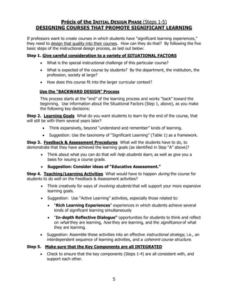 Précis of the INITIAL DESIGN PHASE (Steps 1-5)
    DESIGNING COURSES THAT PROMOTE SIGNIFICANT LEARNING

If professors want to create courses in which students have “significant learning experiences,”
they need to design that quality into their courses. How can they do that? By following the five
basic steps of the instructional design process, as laid out below:
Step 1. Give careful consideration to a variety of SITUATIONAL FACTORS
       •       What is the special instructional challenge of this particular course?
       •       What is expected of the course by students? By the department, the institution, the
               profession, society at large?
       •       How does this course fit into the larger curricular context?

       Use the “BACKWARD DESIGN” Process
       This process starts at the “end” of the learning process and works “back” toward the
       beginning. Use information about the Situational Factors (Step 1, above), as you make
       the following key decisions:
Step 2. Learning Goals What do you want students to learn by the end of the course, that
will still be with them several years later?
           •    Think expansively, beyond “understand and remember” kinds of learning.
           •    Suggestion: Use the taxonomy of “Significant Learning” (Table 1) as a framework.
Step 3. Feedback & Assessment Procedures What will the students have to do, to
demonstrate that they have achieved the learning goals (as identified in Step “A” above)?
       •       Think about what you can do that will help students learn, as well as give you a
               basis for issuing a course grade.
       •       Suggestion: Consider ideas of “Educative Assessment.”
Step 4. Teaching/Learning Activities What would have to happen during the course for
students to do well on the Feedback & Assessment activities?
       •       Think creatively for ways of involving students that will support your more expansive
               learning goals.
       •       Suggestion: Use “Active Learning” activities, especially those related to:
               •   “Rich Learning Experiences” experiences in which students achieve several
                   kinds of significant learning simultaneously
               •   “In-depth Reflective Dialogue” opportunities for students to think and reflect
                   on what they are learning, how they are learning, and the significance of what
                   they are learning.
       •       Suggestion: Assemble these activities into an effective instructional strategy, i.e., an
               interdependent sequence of learning activities, and a coherent course structure.
Step 5. Make sure that the Key Components are all INTEGRATED
       •       Check to ensure that the key components (Steps 1-4) are all consistent with, and
               support each other.



                                                     5
 