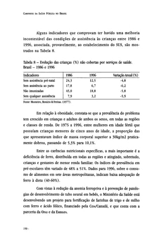 Alguns indicadores que comprovam ter havido uma melhoria
incontestável das condições de assistência às crianças entre 1986 e
1996, associada, provavelmente, ao estabelecimento do SUS, são mos-
trados na Tabela 8.
Em relação à obesidade, constata-se que a prevalência do problema
tem crescido em crianças e adultos de ambos os sexos, em todas as regiões
e classes de renda. De 1975 a 1996, entre mulheres em idade fértil que
possuíam crianças menores de cinco anos de idade, a proporção das
que apresentavam índice de massa corporal superior a 30kg/m2 pratica-
mente dobrou, passando de 5,3% para 10,1%.
Entre as carências nutricionais específicas, a mais importante é a
deficiência de ferro, distribuída em todas as regiões e atingindo, sobretudo,
crianças e gestantes de menor renda familiar. Os índices de prevalência em
pré-escolares têm variado de 48% a 51%. Dados para 1996, sobre o consu-
mo de alimentos em sete áreas metropolitanas, indicam baixa adequação de
ferro à dieta (40-60%).
Com vistas à redução da anemia ferropriva e à prevenção de patolo-
gias de desenvolvimento de tubo neural em bebês, o Ministério da Saúde está
desenvolvendo um projeto para fortificação de farinhas de trigo e de milho
com ferro e ácido fólico, financiado pela CIDA/Canadá, e que conta com a
parceria da OPAS e da EMBRAPA.
 